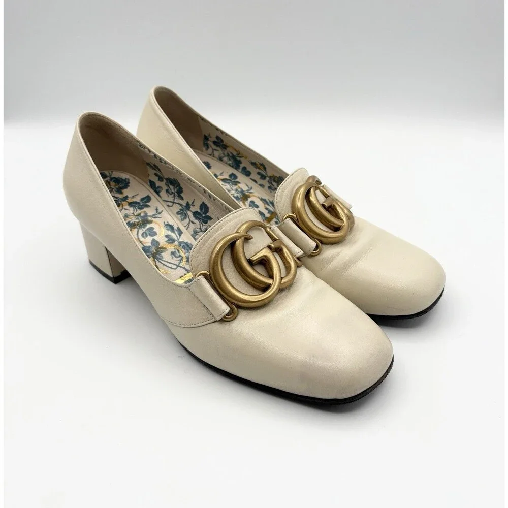 Gucci Victoire GG Block Heel Pumps White/Cream Leather Gold GG Buckle Sz EU 36 - Picture 5 of 14